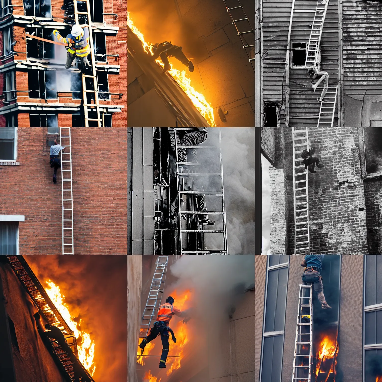 Prompt: man escaping a burning building climbing down a ladder