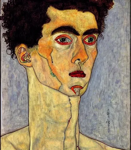 Image similar to portrait of a handsome non binary criminal lost in thought, by egon schiele, intense desire, high quality, high detail