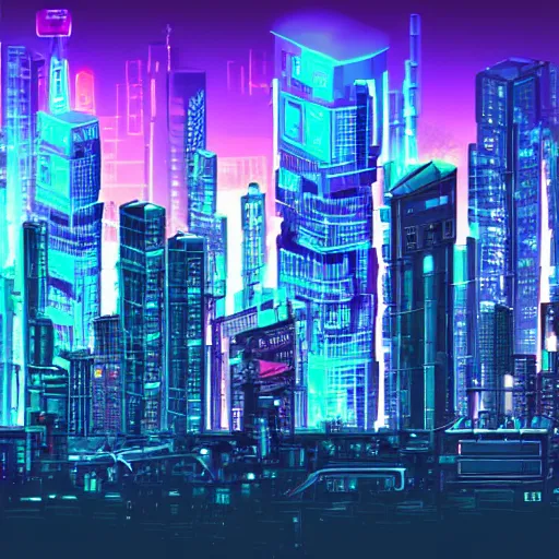 Prompt: Huge cyberpunk city with tall buildings and neon lights. HD.