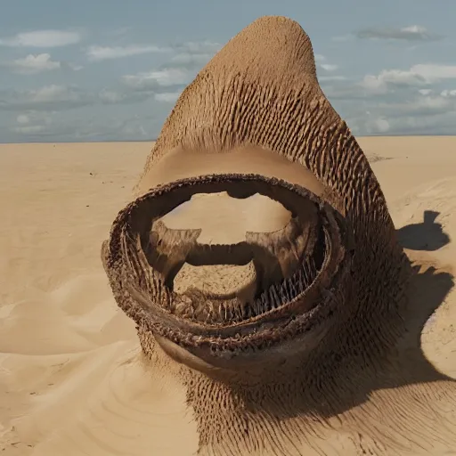 Image similar to dune sandworm with the face of Joe Biden; sand dunes in background; photorealistic, cctv