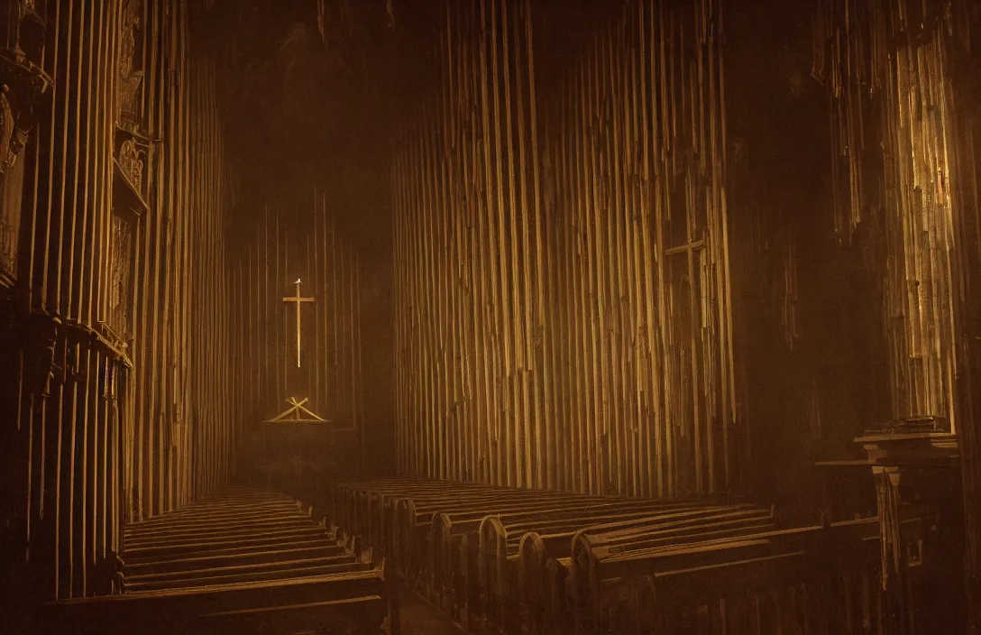 Prompt: detail of a past world in this church interior, vertical lines suggest spirituality, rising beyond human reach toward the heavens. gnarly intact flawless ambrotype from 4 k criterion collection remastered cinematography gory horror film, ominous lighting, evil theme wow photo realistic postprocessing animatronics painting by claude gellee