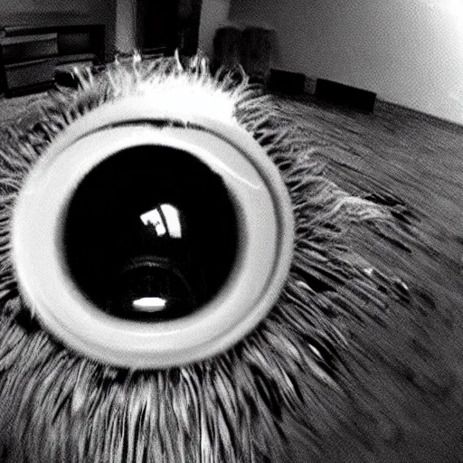 Image similar to creepy found footage of sonic the hedgehog super close up zoom fish eye trailcam footage staring into your soul terrifying backrooms horror security cam