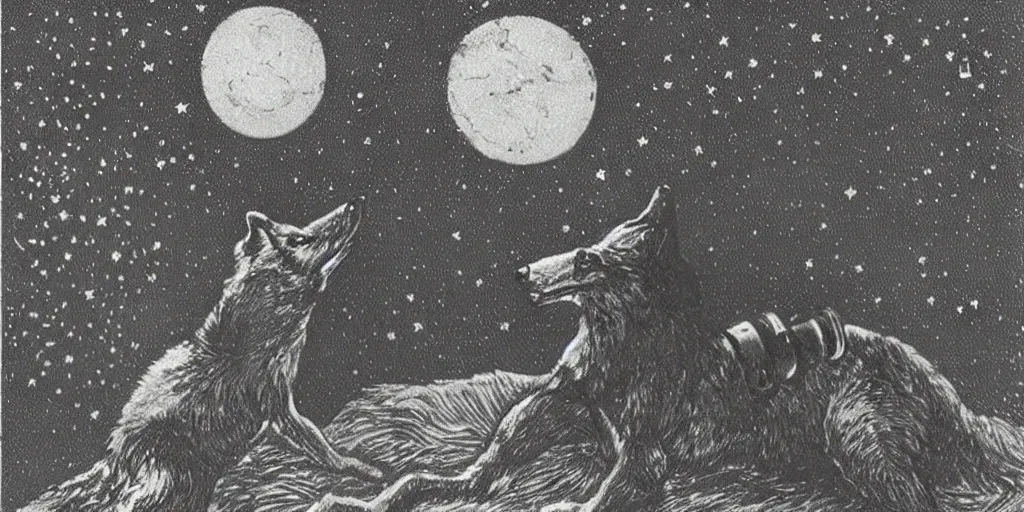 Image similar to anthropomorphic furry wolf in armor looking at the stars, 1900s picture