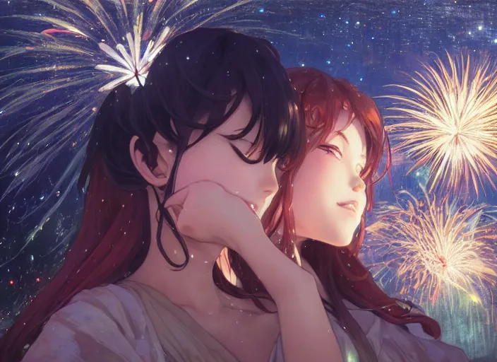 Image similar to two beautiful girls watching fireworks, digital art, painted by range murata, akiyuki shinbou, alphonse mucha, masamune shirow, josan gonzales, greg rutkowski makoto shinkai, highly detailed, realistic, cinematic, trending on pixiv fanbox