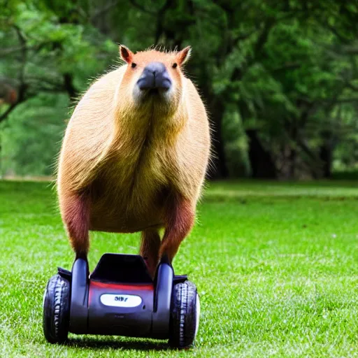 Prompt: action photograph of a capybara riding a flaming segway