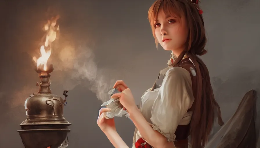 Image similar to beautiful young woman in maid costume, fireplace, hyperdetailed, artstation, cgsociety, 8 k