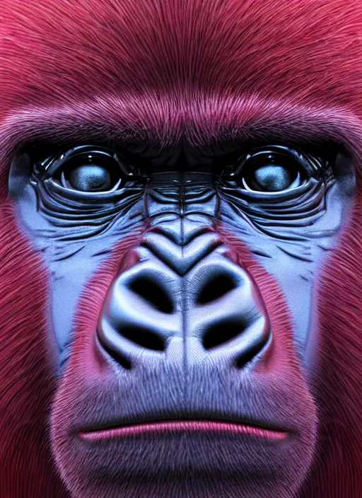 Image similar to a close up of a red gorillas face with blue eyes, an album cover by jacob toorenvliet, featured on behance, cubo - futurism, rendered in cinema 4 d, sketchfab, rendered in maya, red shift, synthwave, by enguerrand quarton, by alesso baldovinetti, 3 d render, holography,