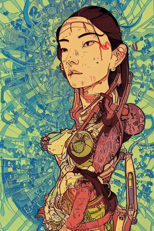 Image similar to beautiful cyborg portrait girl female illustration detailed patterns art of thai traditional dress, pop art, splash painting, art by geof darrow, ashley wood, alphonse mucha, makoto shinkai