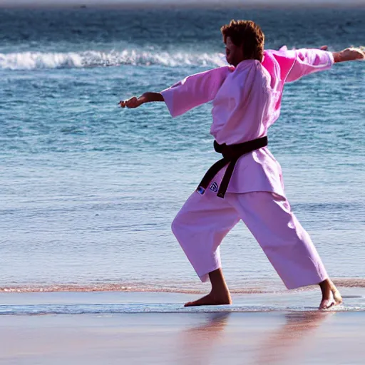 Prompt: a karate person in a karate outfit surfing on a pink ball of fur