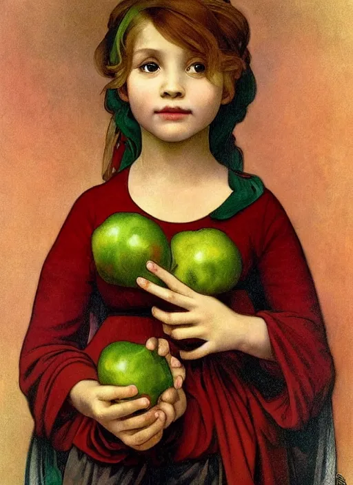 Image similar to Girl with a tomato, in the style of Raphael and Mark Ryden and Alphonse Mucha,