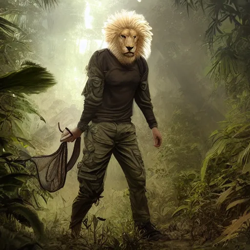 Image similar to commission portrait of a male anthro albino lion,wearing cargo pants and a boack t-shirt,going through a jungle cautiously.dramatic,character design by charles bowater,greg rutkowski,ross tran,hyperdetailed,hyperrealistic,4k,deviantart,artstation,professional photography,concept art