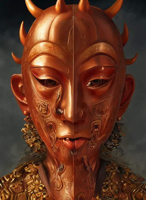 Image similar to a beautiful detailed oil on copper art illustration of a japanese saru mask devil woman, centered, by charlie bowater, zeng fanzh, trending on artstation, dim dusk lighting, cinematic lighting, detailed lighting, volumetric lighting, realistic, f 8, 4 k hd wallpaper