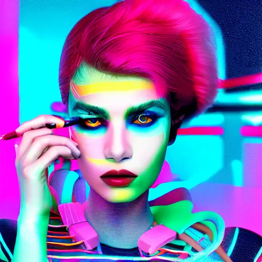 Image similar to A close-up of a beautiful girl with a surreal makeup full of colors and stripes, octane render, details visible, cyberpunk vibes, neons on the background