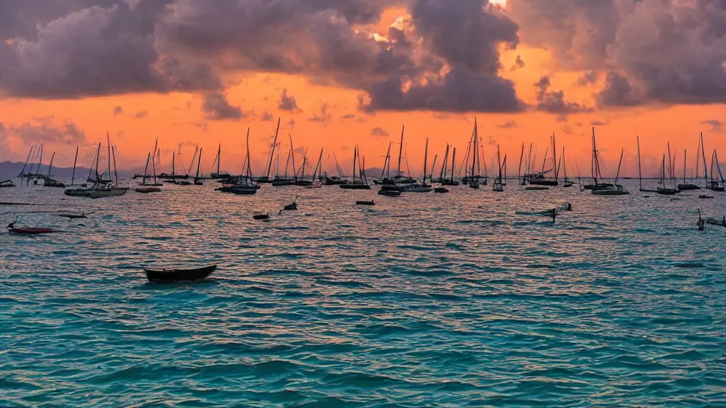 Image similar to sunset on caraibes, some boats, a few birds in the sky, sharp focus, photography 35 mm lens, paisible night lighting, incredible art photo shot