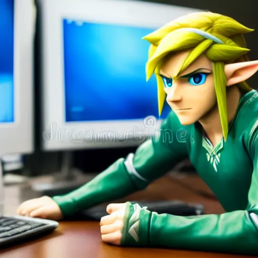 Image similar to link from zelda using computer, stock image