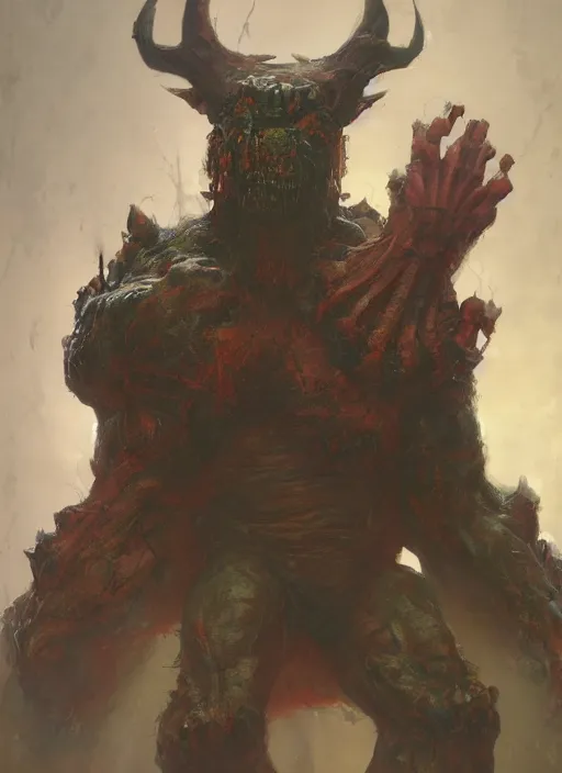 Prompt: huge hulking brute demon king wide shoulders, small evil head, vascular hands, muscular arms, wearing cape sitting on throne in science fiction hall, by sergey kolesov and lawrence alma tadema and norman rockwell and greg staples and craig mullins and john berkey and ruan jia, artstation creature art