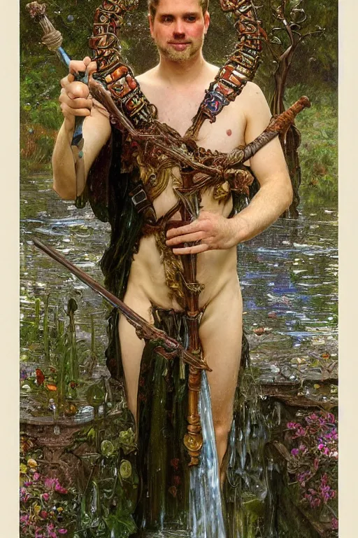 Prompt: portrait of a man wearing a knight robe, holding a fantasy staff, drenched body, wet dripping hair, emerging from the water, fantasy, regal, fractal crystal, fractal gems, by stanley artgerm lau, thomas kindkade, alphonse mucha, loish, norman rockwell