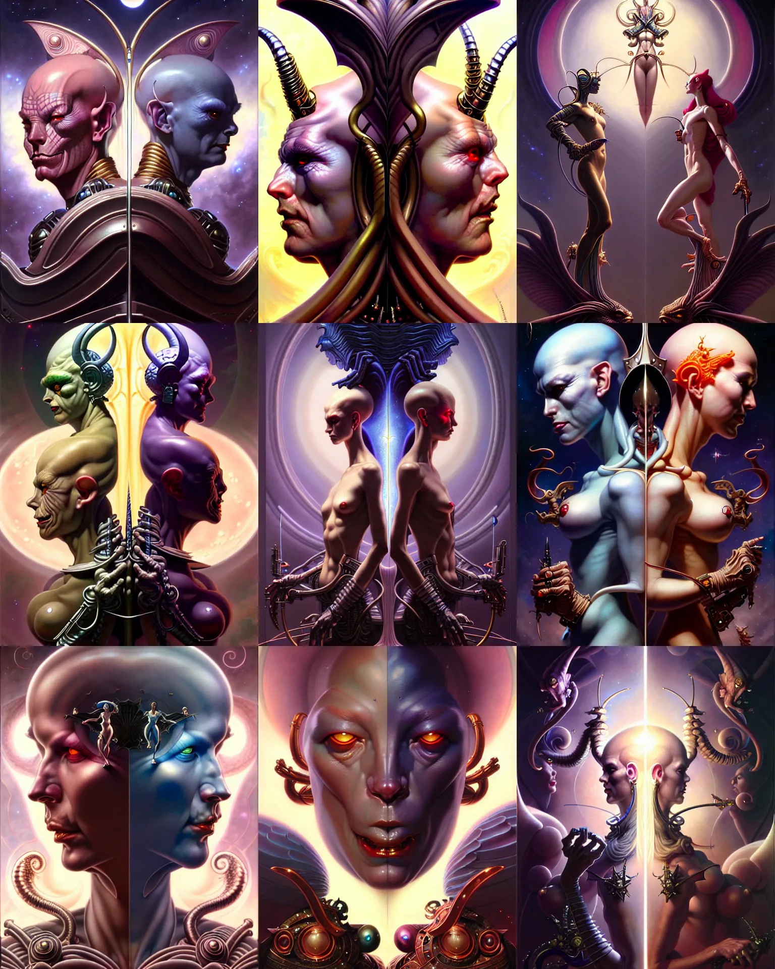 Image similar to beautiful gemini good and evil fantasy character portrait, ultra realistic, wide angle, intricate details, the fifth element artifacts, highly detailed by peter mohrbacher, hajime sorayama, wayne barlowe, boris vallejo, aaron horkey, gaston bussiere, craig mullins