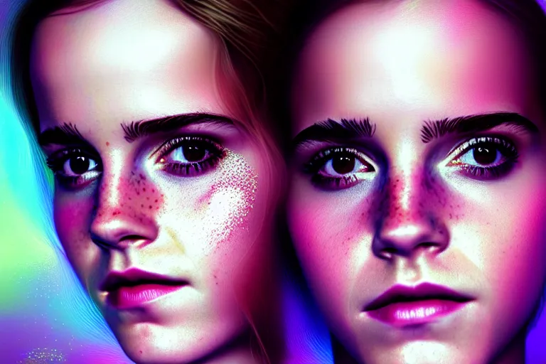 Image similar to surreal Portrait of Emma Watson in dmt chromatic surreal sparkling liquid enviroment , elegant, highly detailed, smooth, photoreal, sharp focus, illustration, beautiful, geometric, dmt trending on artstation, cinematic, artwork by WLOP