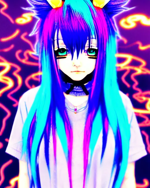 Image similar to neo tokyo japanese anime kawaii decora hologram of rimuru tempest, sky blue hair, golden yellow eyes, wearing black stylish clothing, holography, irridescent, baroque visual kei glitch art