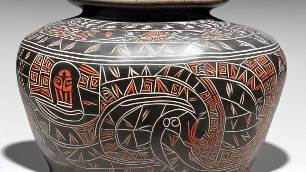 Image similar to a pot with a decorative minoan art style where we can see darth vader