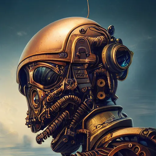 Prompt: synthwave symmetric digital portrait steampunk cyborg pirate, biomechanical legendary cyberpunk style, cyberpunk dystopian background, epic apex legends concept, retro futuristic lines and decals on vacuum helmet, mad max, beksinski mohrbacher shirow, sharp focus, realistic scifi masterpiece, cinematic natural light, highly intricate details, 8 k, hdr, octane render