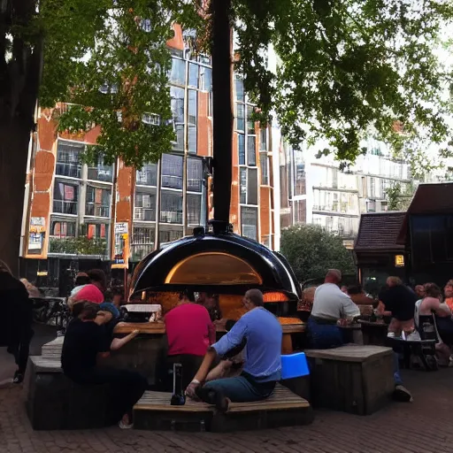 Prompt: a huge dutch oven in the city. the dutch oven has people drinking beer in front of it