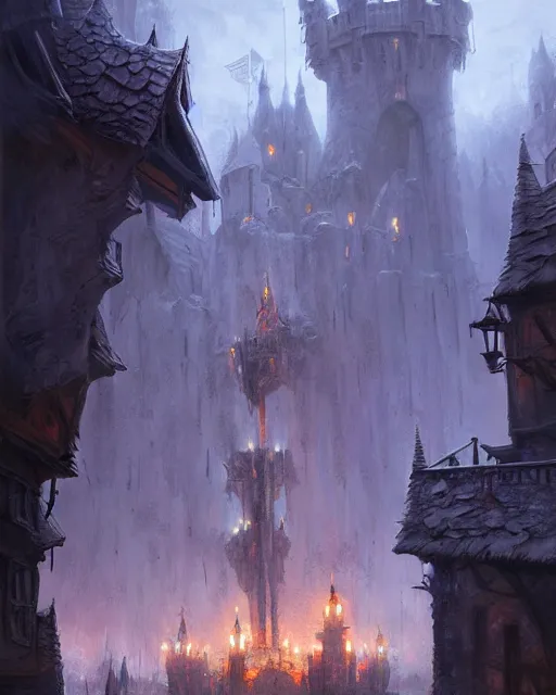 Image similar to dramatic scene at the gallows pole, the courtyard of a robust fantasy castle, calming, uplifting mood, ultra realistic, funny, small buildings, highly detailed, epic lighting, illuminated, cinematic, morning, art by eddie mendoza