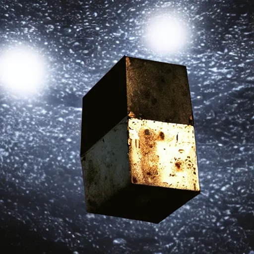Prompt: a scratched dull metal cube floating above a dark alien moonscape, moody, atmospheric, epic, cinematic