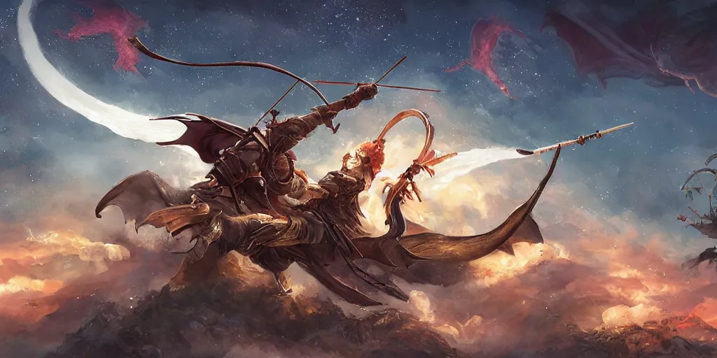 Image similar to korean archer fighting a dragon under the night sky. the archer is in the ground. the dragon in the sky. dark fantasy. high resolution. dungenons and dragons. fantasy. detailed. digital art. dark fantasy.