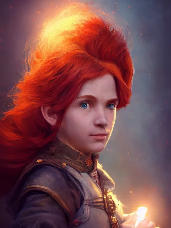Prompt: portrait art of red - haired halfling bard 1 9 year old, 8 k ultra realistic, lens flare, atmosphere, glow, detailed, intricate, full of colour, cinematic lighting, trending on artstation, 4 k, hyperrealistic, focused, extreme details, unreal engine 5, cinematic, masterpiece