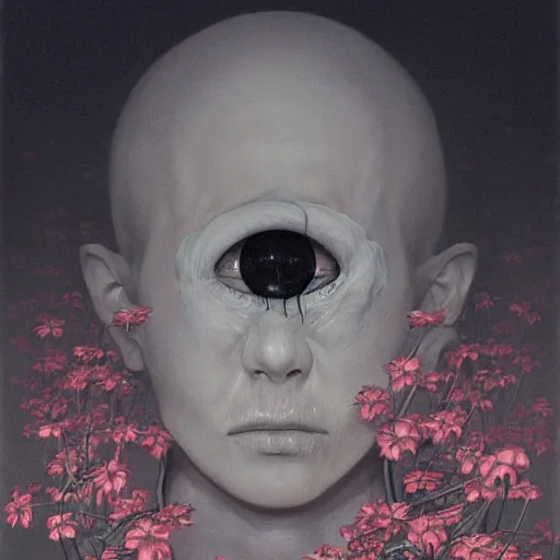 Image similar to a dystopian 3 5 mm 1 9 8 0 s portrait of a p - zombie!!! natural lighting art dawn. highly detailed. colourful. moody. artstation, 4 k, by gerald brom zdzisław beksinski, and ansel adams and studio ghibli, horror, lots of sakura flowers, lovely