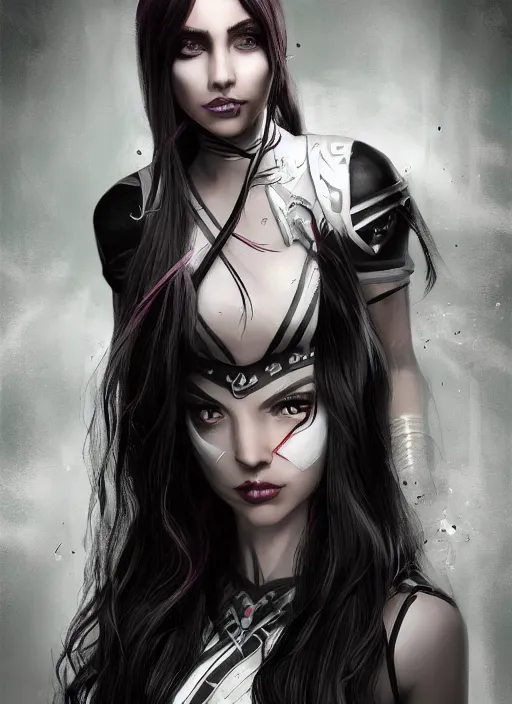 Prompt: An epic fantasy comic book style portrait painting of a girl with long straight hair, hair is half black half white, she is wearing a dress with a chess pattern, Unreal 5, DAZ, hyperrealistic, octane render, cosplay, RPG portrait, dynamic lighting