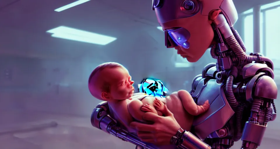 Image similar to a very realistic movie still of a cyborg woman holding a new born cyborg baby in a cyborg factory, highly detailed faces, render by beeple, syd meade, starwars, space art concept, sci - fi, digital art, unreal engine, wlop, trending on artstation, 4 k uhd image, octane render