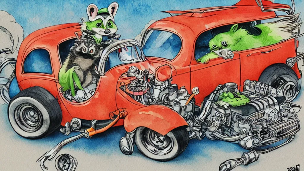 Prompt: cute and funny, racoon riding in a tiny hot rod coupe with oversized engine, ratfink style by ed roth, centered award winning watercolor pen illustration, by chihiro iwasaki and james nyika, edited by range murata