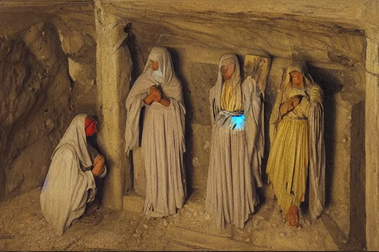 Prompt: inside the tomb of jesus, dark scene, light coming in from the left, small steps leading down, 3 marys crouching in colored robes at the tomb | 2 angels on the right side | medium close | fibonacci composition, by jules bastien le - page