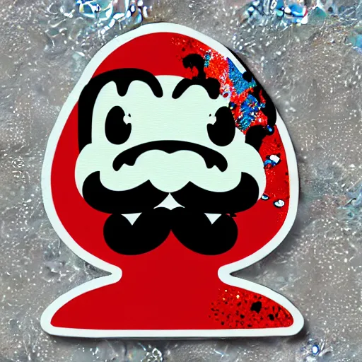 Image similar to die cut sticker, yoshi wearing mario's mustache, splatter paint