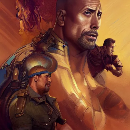 Image similar to Dwayne Johnson and Ryan Gosling Save the World, fantasy, intricate, elegant, highly detailed, digital painting, artstation, concept art, smooth, sharp focus, illustration, art by artgerm and greg rutkowski and alphonse mucha