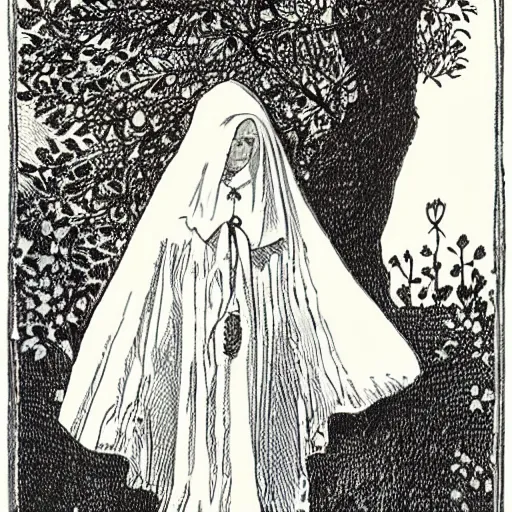 Prompt: a girl with a bridal veil covering her face. a tree of white flowers. folk. thomas hardy tess of the d'urbervilles. pastoral. gothic. vibrant. tarot