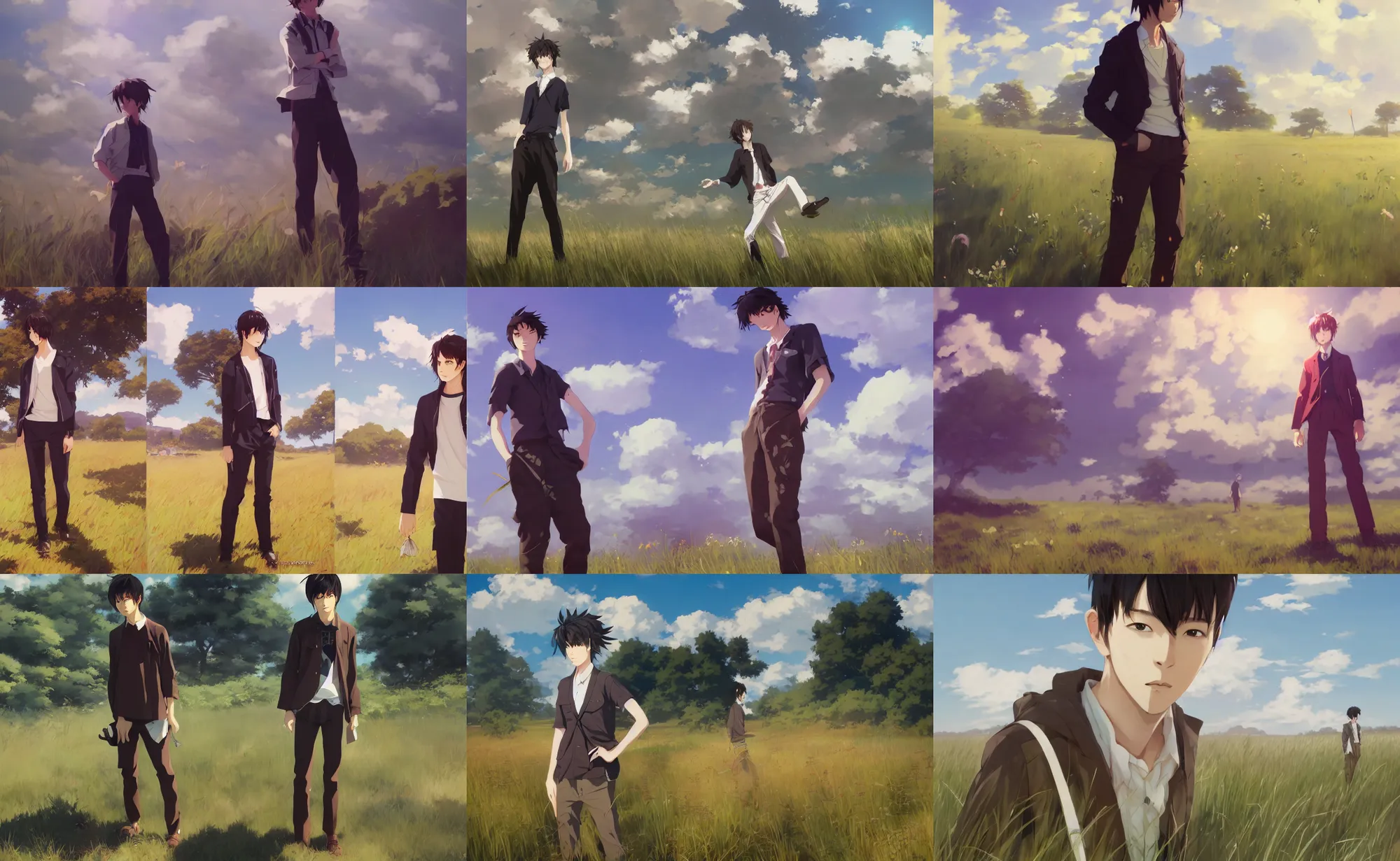 Prompt: a trendy japanese male model standing in a sunny field, a screenshot by krenz cushart, pixiv contest winner, action painting, 2d game art, official art, award-winning, art by Studio Ghibli, by Chris Moore, high details, volumetric dynamic lighting