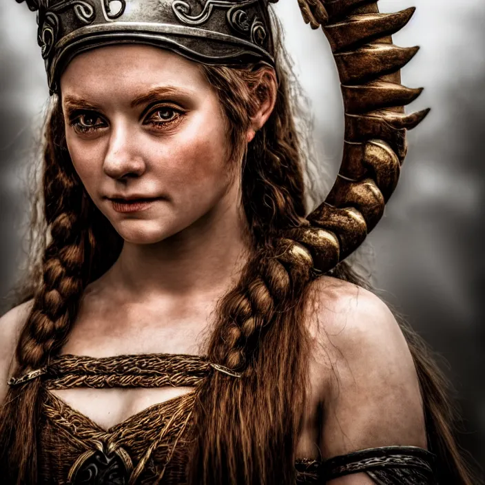 Image similar to photo of a very cute! beautiful viking queen, highly detailed, 4 k, hdr, smooth, sharp focus, high resolution, award - winning photo