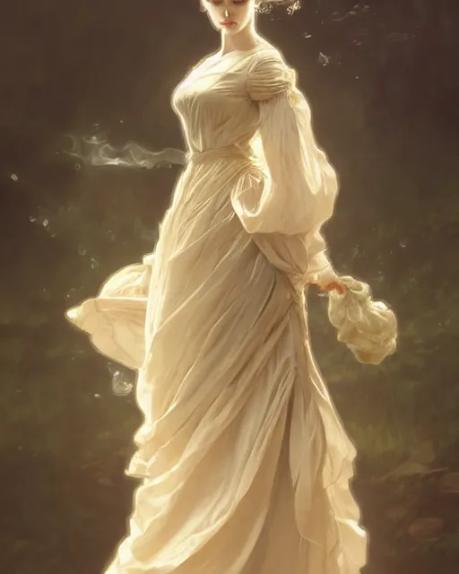 Image similar to woman dressed in a vaporous wrapped large victorian cream roses silk semi-transparent dress fashion is running D&D, fantasy, intricate, elegant, highly detailed, digital painting, artstation, concept art, matte, sharp focus, illustration, art by Artgerm and Greg Rutkowski and Alphonse Mucha