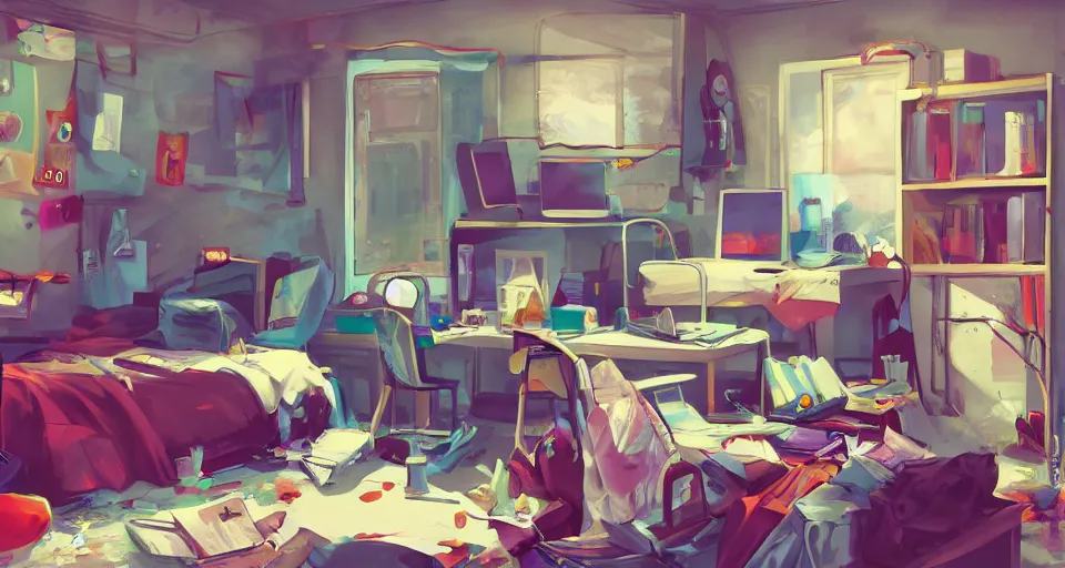 Prompt: stylized aesthetic messy college dorm room, trending on artstation, digital art, detailed