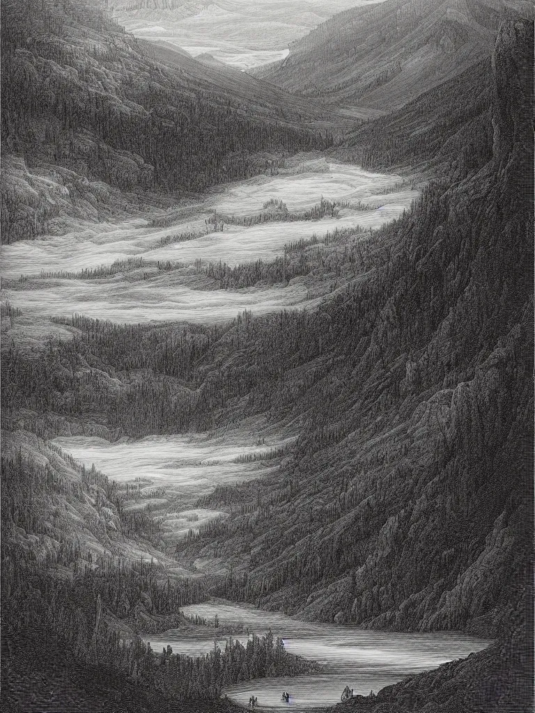 Prompt: an engraving of yellowstone national park by gustave dore and albrecht durer highly detailed, fog, depth, lithograph engraving