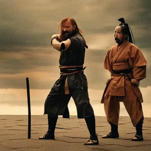 Image similar to an film still of triple h as samurai, cinematic, dramatic action