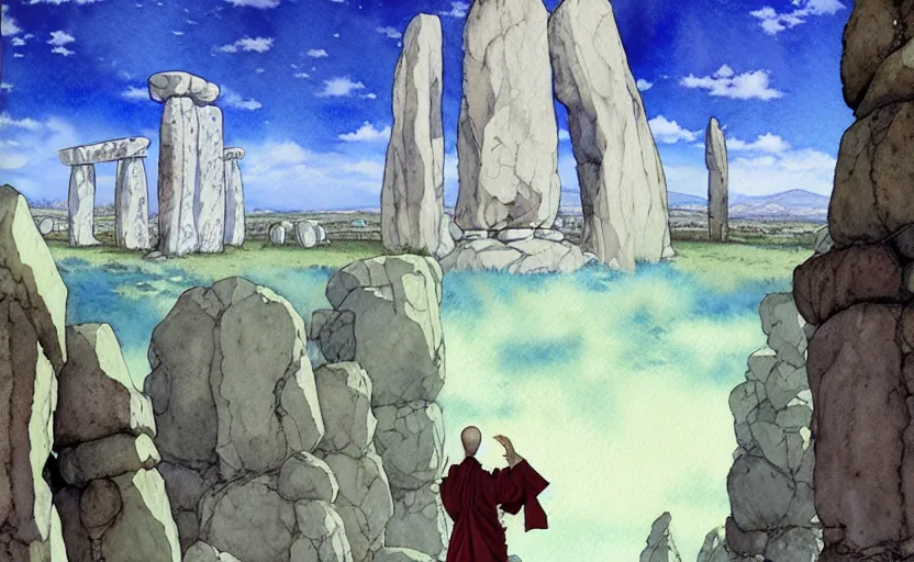 Image similar to a hyperrealist anime watercolor fantasy concept art of a giant monk with a big forehead and a grey robe swaying in stonehenge. in the background several immense stones are floating in the air. by rebecca guay, michael kaluta, charles vess