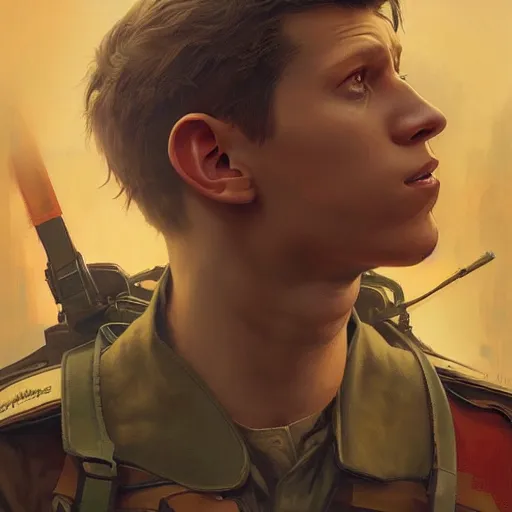 Image similar to Portrait of Tom Holland as a military officer, intricate, headshot, highly detailed, digital painting, artstation, concept art, sharp focus, cinematic lighting, illustration, art by artgerm and greg rutkowski, alphonse mucha, cgsociety