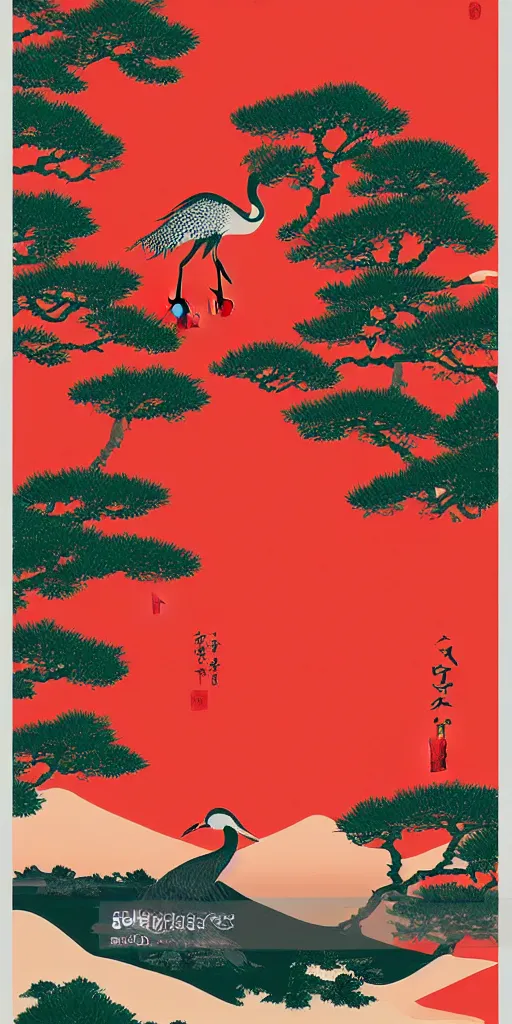 Image similar to hanafuda card for january 20 points, a japanese crane is next to a forest of japanese pines, by range murata, a big red sun in the background, front game card, vector line art, trending on behance, concept art, stunning, matte