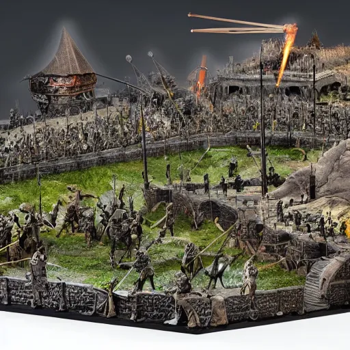 Image similar to diorama of the Battle of Helm's Deep, realistic, 4k, detailed