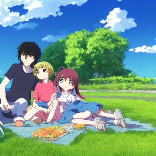 Prompt: Anime of an happy family with two boys of 10 years old and 5 years old, in Vincennes parc having a pic nic, beautiful weather, peaceful cloud, by Makoto Shinkai